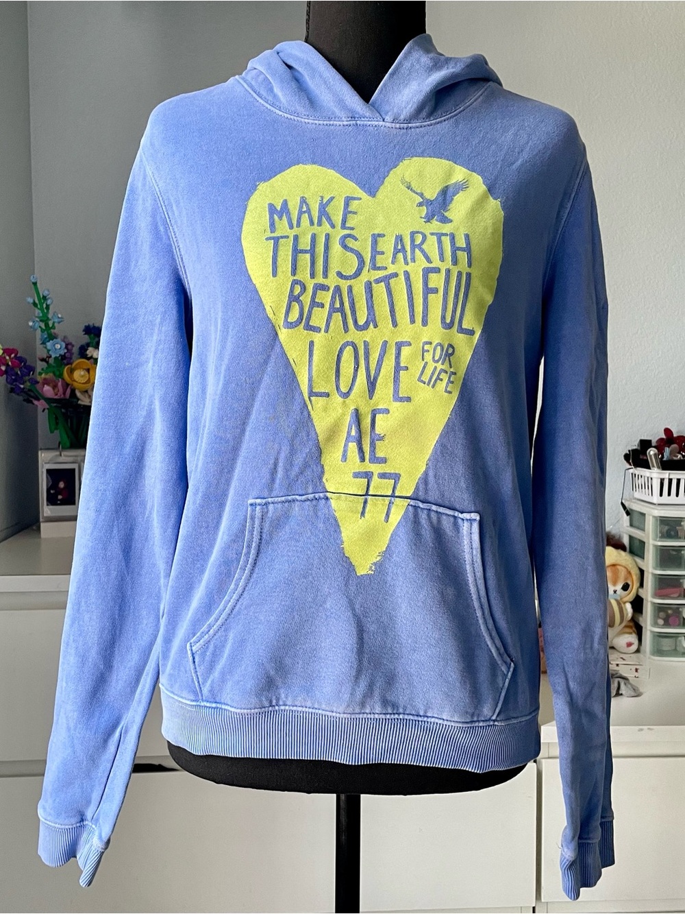 AE Blue Graphic Hoodie Sweatshirt Make This Earth Beautiful Women's Size M 2010